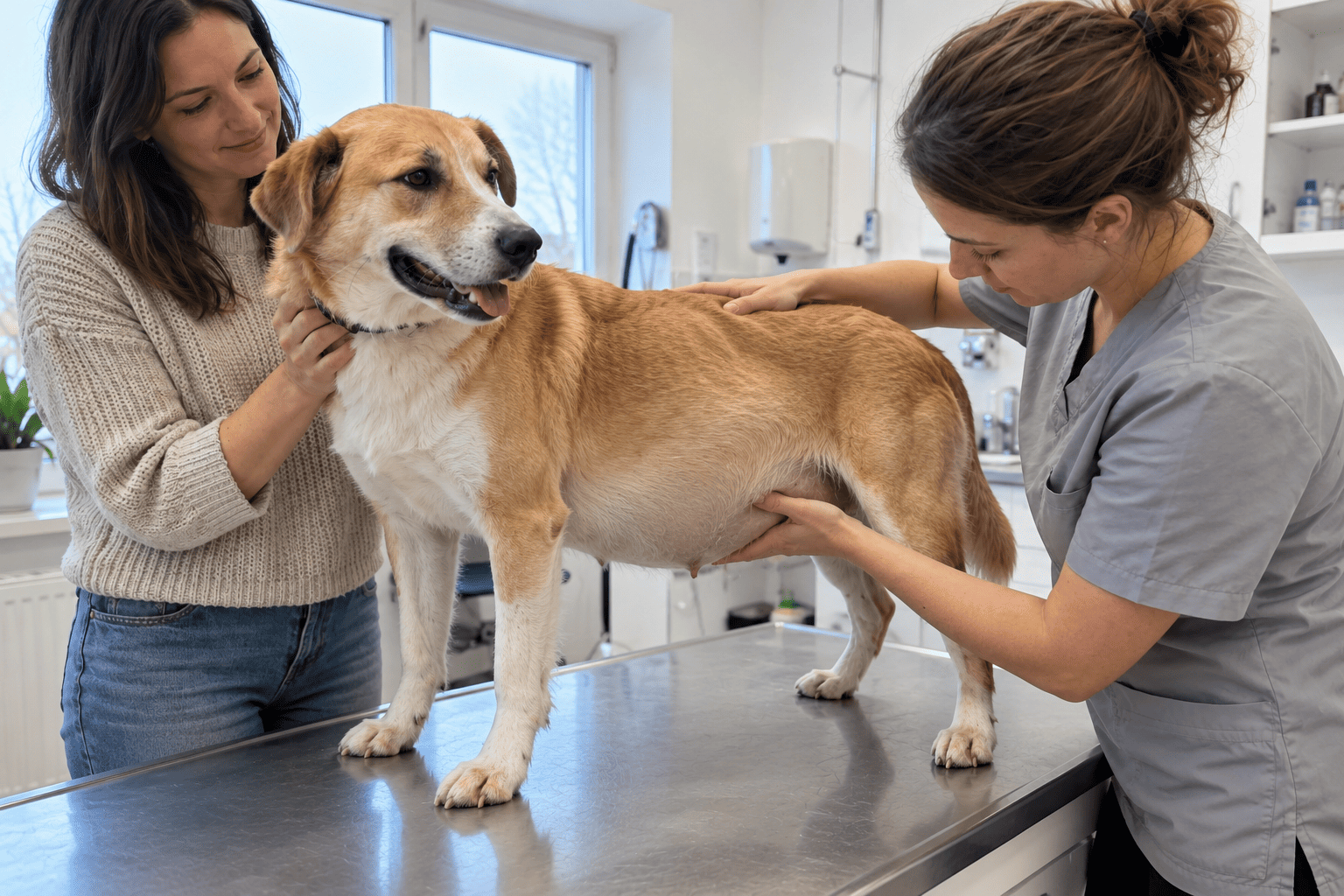 Pes s viditeľne zväčšeným bruchom vyšetrený veterinárom
